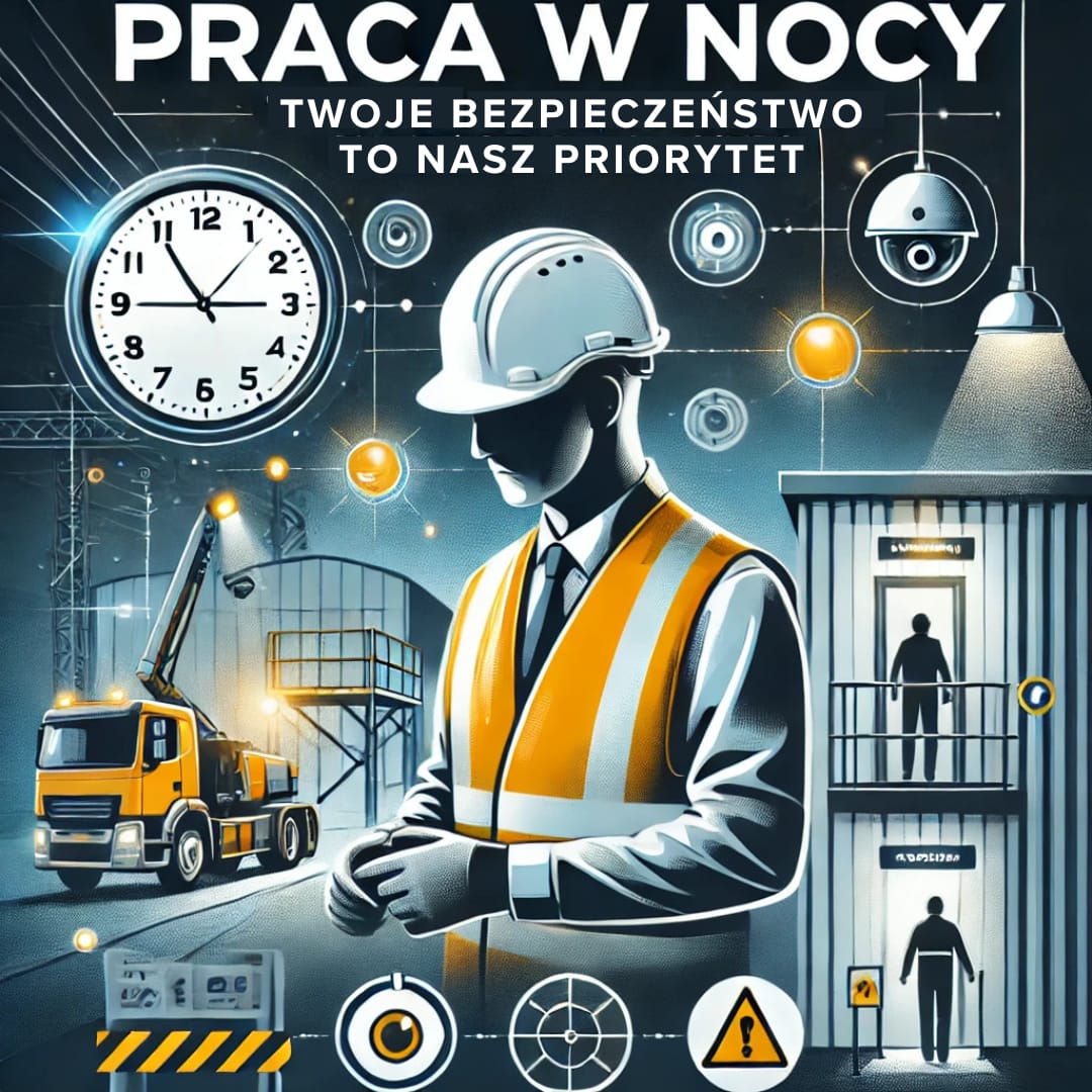 Pracownik w kamizelce odblaskowej pracujący w nocy na dobrze oświetlonym stanowisku. Widoczne elementy bezpieczeństwa: monitoring, oznaczenia BHP i zegar wskazujący godziny nocne (21:00-7:00). Tekst na grafice: ‘Praca w nocy – Twoje bezpieczeństwo to nasz priorytet!