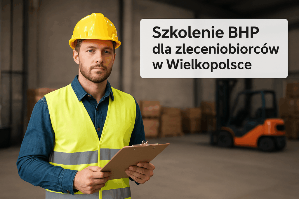 Mężczyzna w kasku i kamizelce odblaskowej trzymający clipboard w magazynie – szkolenie BHP dla zleceniobiorców w Wielkopolsce.