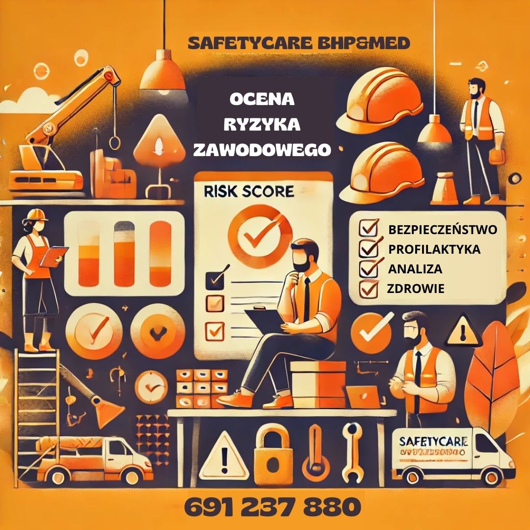 Grafika promująca ocenę ryzyka zawodowego metodą Risk Score, z elementami bezpieczeństwa i numerem kontaktowym SafetyCare BHP & MED.