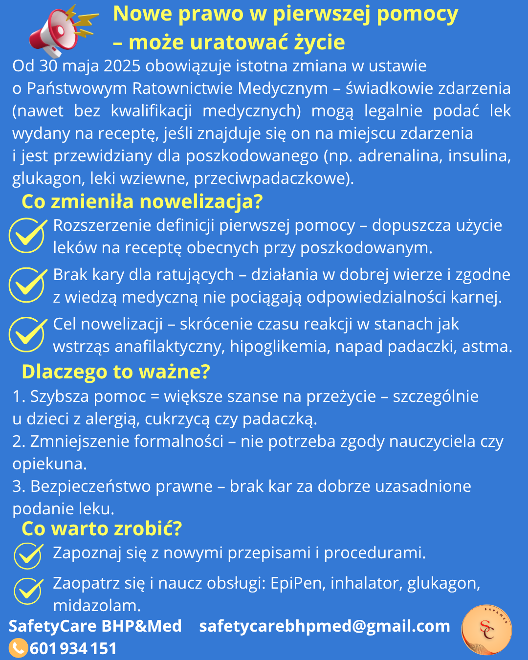 Ilustracja informująca o nowelizacji ustawy, która umożliwia świadkom zdarzenia legalne podanie leków na receptę w ramach pierwszej pomocy – adrenaliny, insuliny, glukagonu, leków wziewnych i przeciwpadaczkowych.