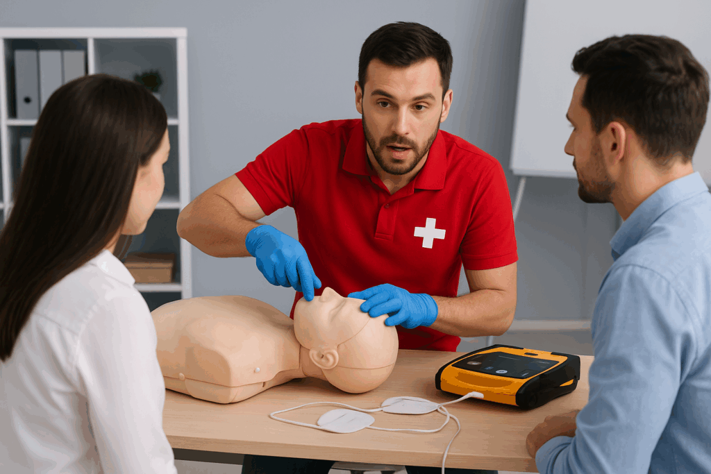 Szkolenia pierwszej pomocy w Poznaniu pracownicy słuchają kursu 