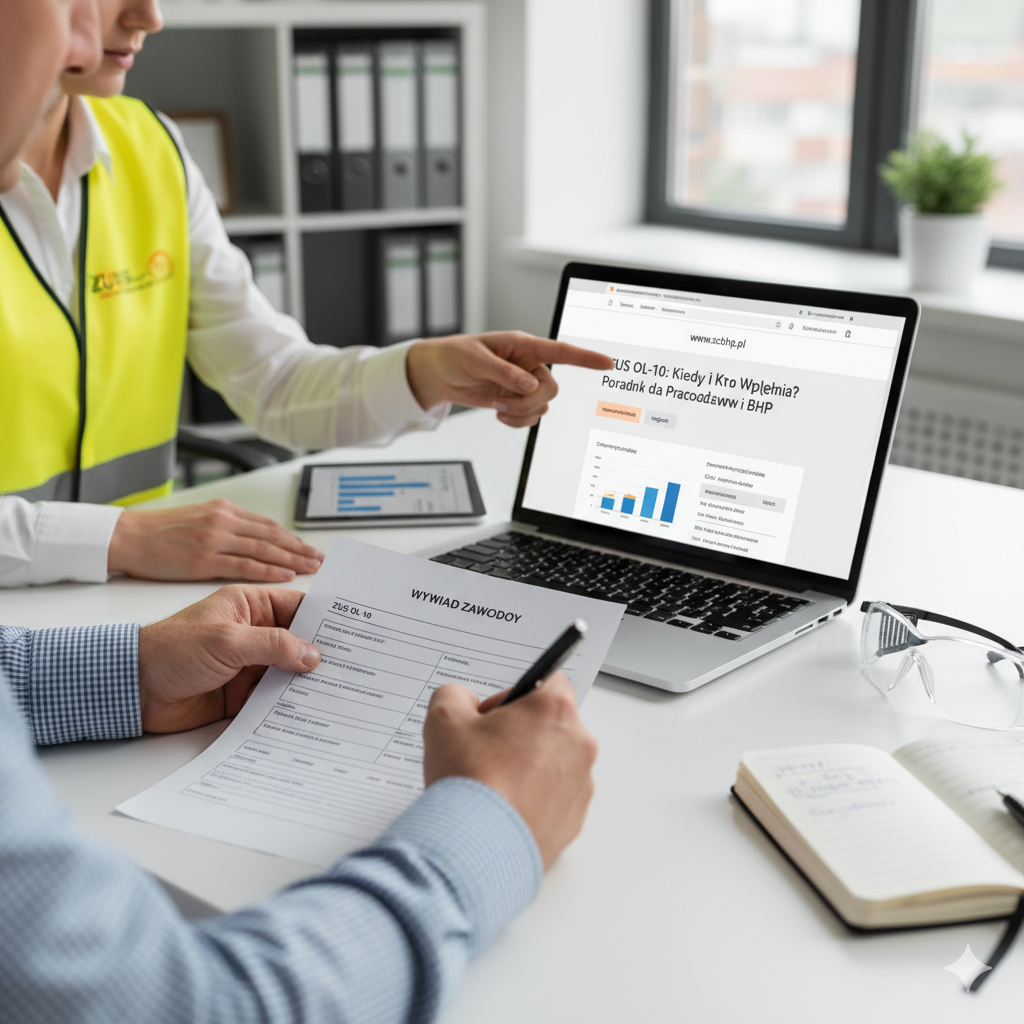 Specjalista BHP pomaga wypełnić formularz ZUS OL-10 (Wywiad Zawodowy) dotyczący warunków pracy.