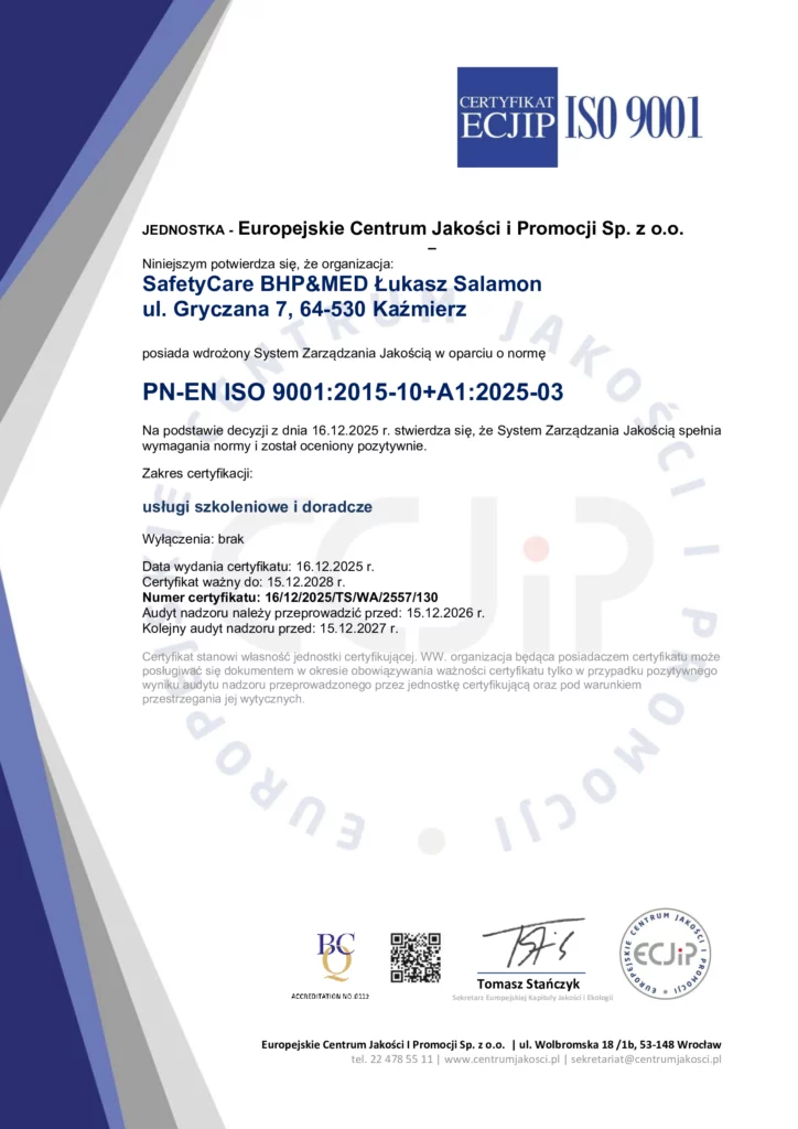 Certyfikat ISO 9001 firmy Safetycare BHP&MED