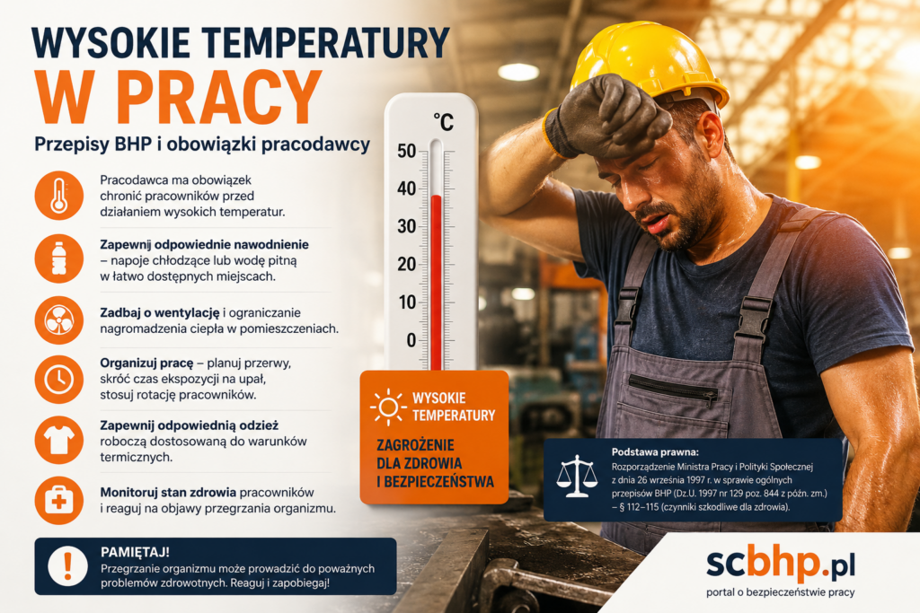 przepisy BHP upały, darmowa woda dla pracowników od jakiej temperatury, obowiązki pracodawcy w lecie BHP, pierwsza pomoc udar cieplny w pracy, temperatura w biurze przepisy kodeks pracy